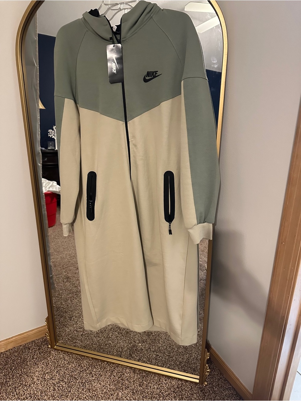 Nike Women’s Long Two-Tone Hooded Trench Coat — Sage Green & Cream